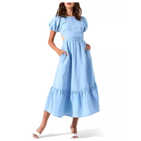 ASTR the Label Dress Womens Small Blue Jelena Cut Out Puff Sleeves Midi Ruffles - Picture 1 of 10